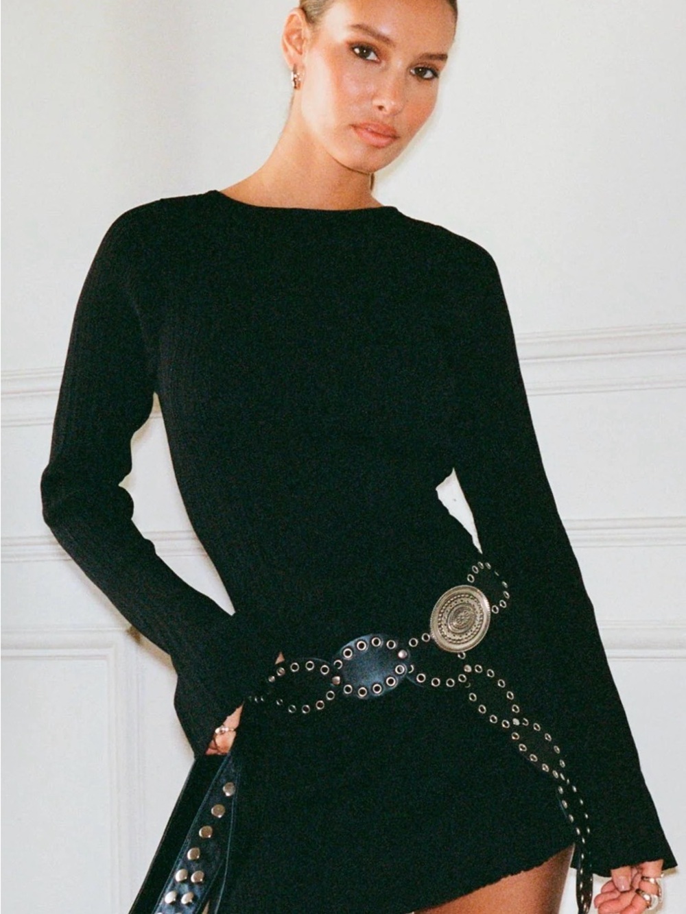 Princess Polly Black Long-Sleeve Mini Dress with Studded Belt